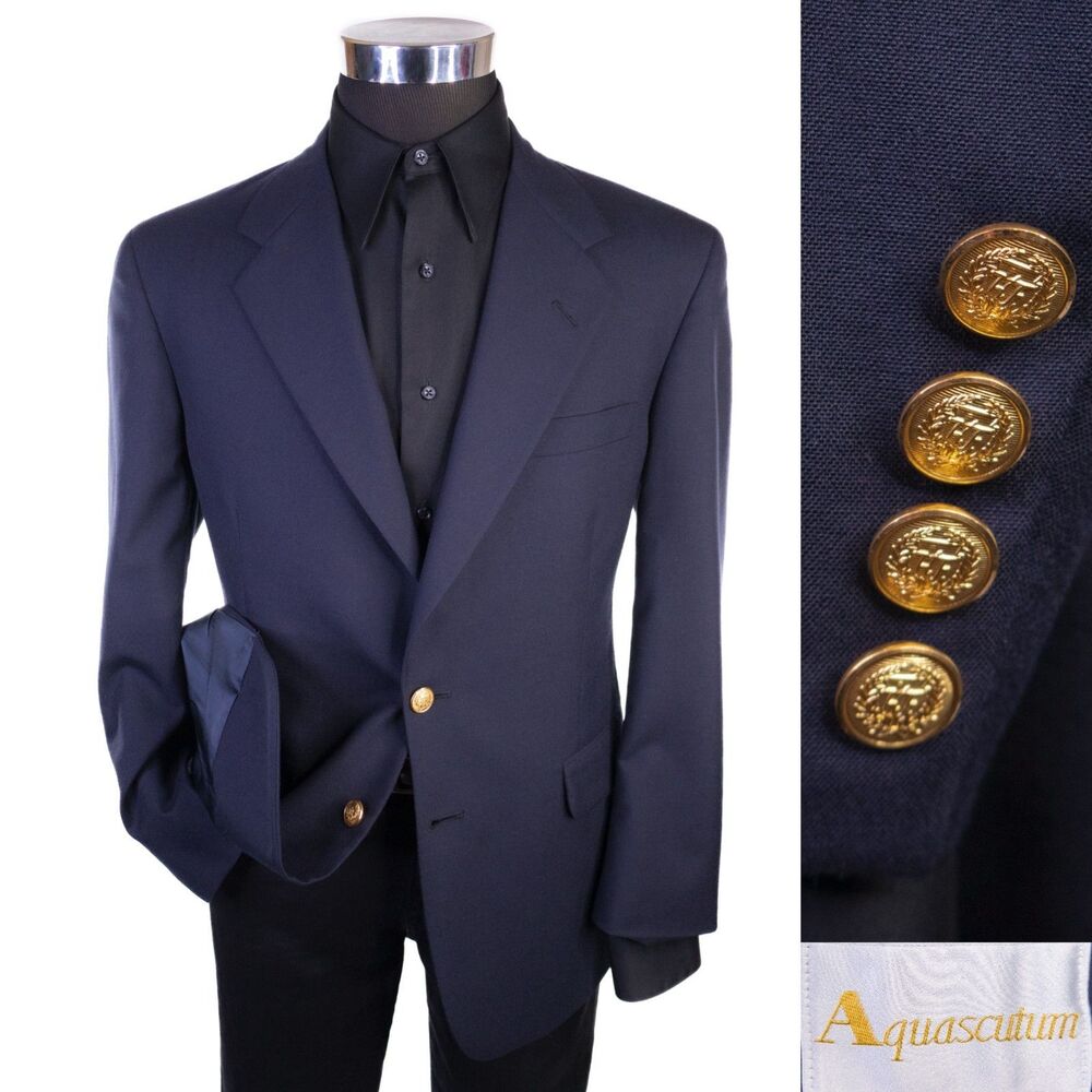 Aquascutum Blazer Sport Coat Sz 40S Navy Blue Gold Buttons Jacket USA Made VTG